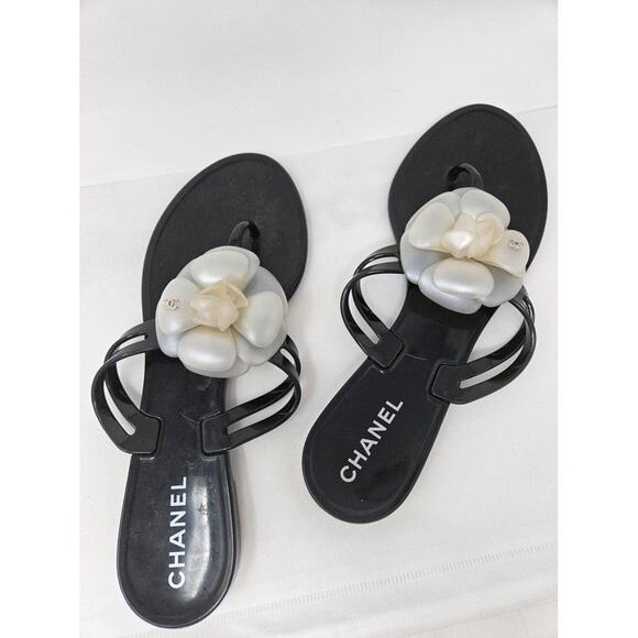 Chanel Black Jelly Camellia Interlocking CC Thong Sandals 39 sz - Picture 5 of 8
